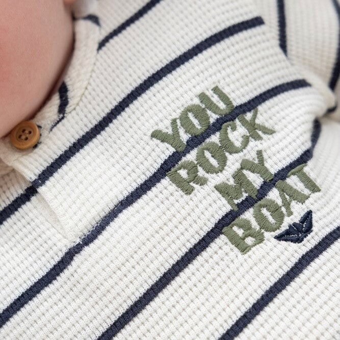 ROCK MY BOAT - Waffle Rib Soft Stripe Embroidered Fashion Top