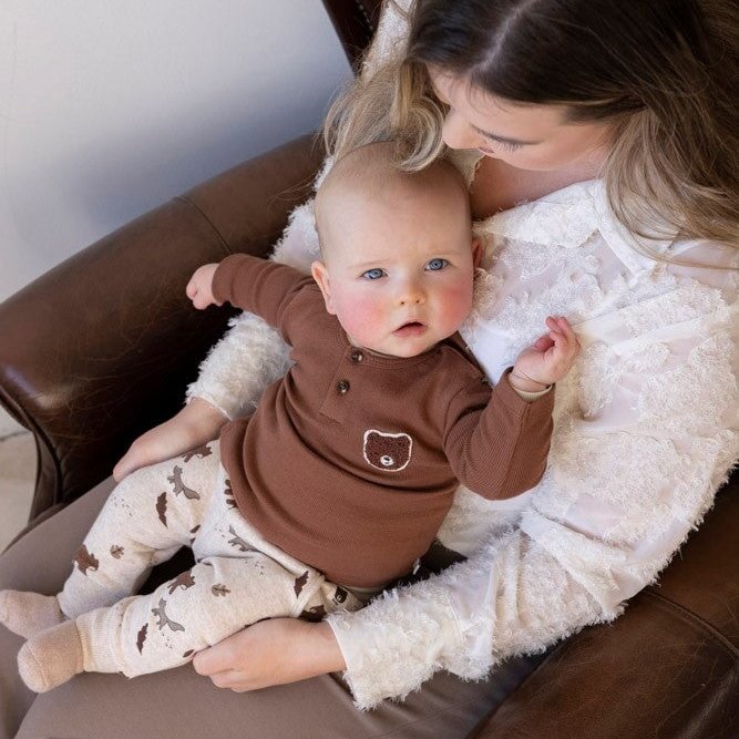 WILD WORLD - 2x2 Rib Jersey Henley Collar Appliqué Top