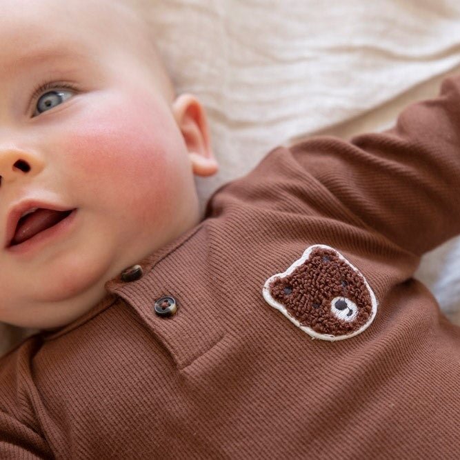 WILD WORLD - 2x2 Rib Jersey Henley Collar Appliqué Top