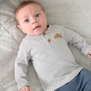 BREAKFAST BUDDY - Organic Cotton Striped Rib Knit Henley Fashion Top