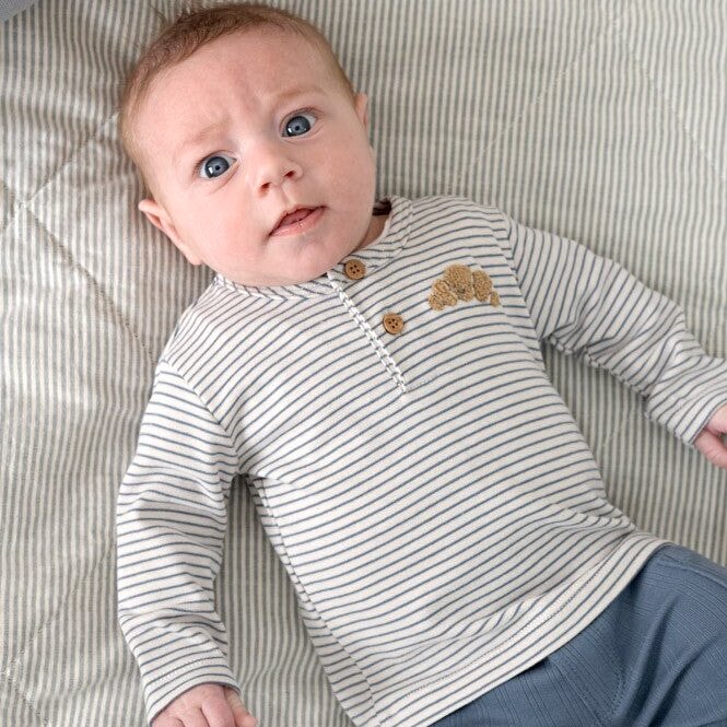 BREAKFAST BUDDY - Organic Cotton Striped Rib Knit Henley Fashion Top