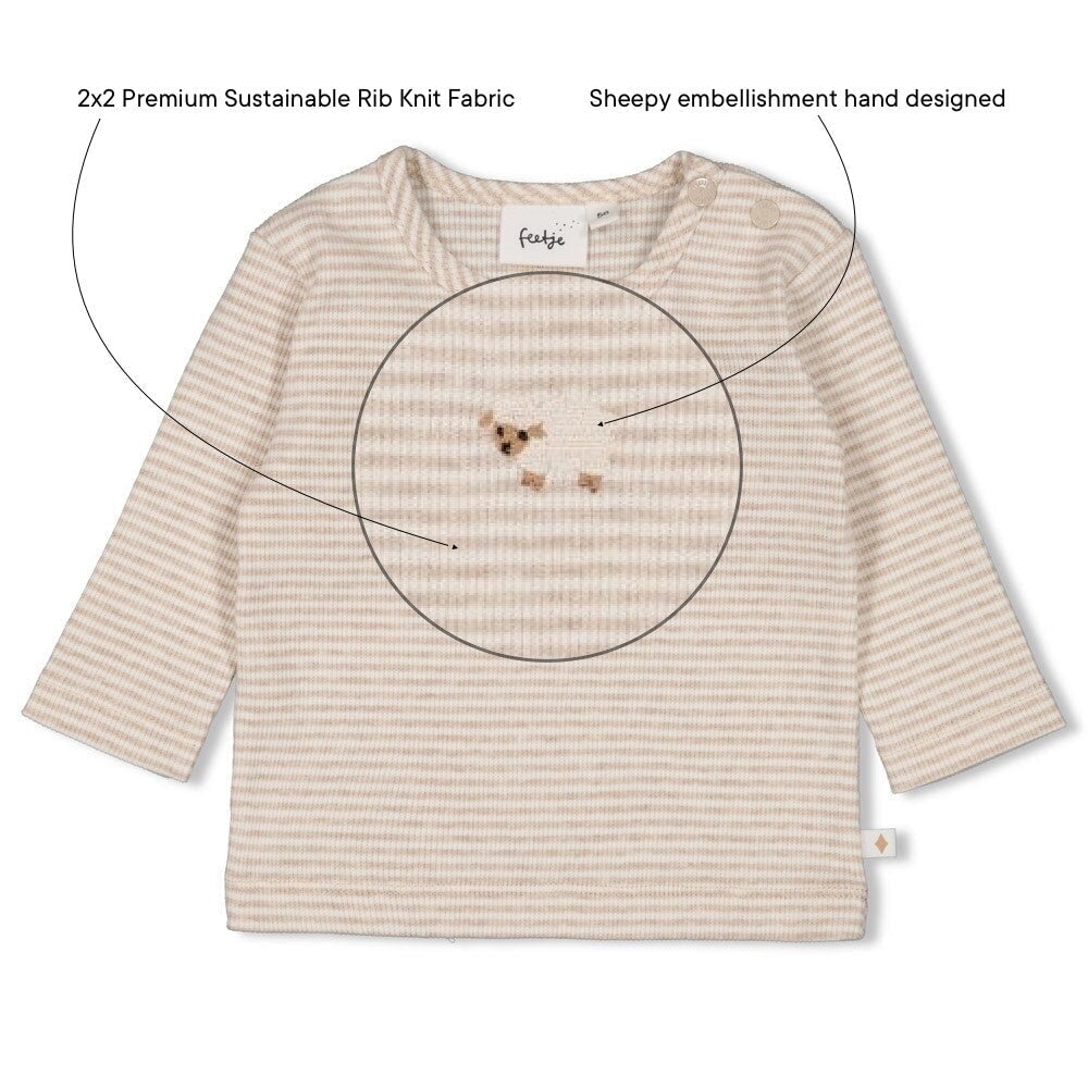 SLEEPY SHEEPY - 2x2 Ribbed Knit “sheepy” Embroidered Stripe Top