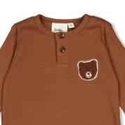 WILD WORLD - 2x2 Rib Jersey Henley Collar Appliqué Top