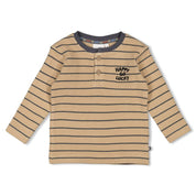 COUCH CLUB - Organic Cotton Striped Relief Rib Henley Fashion Top