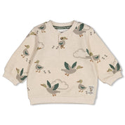 WIGGLE AND WADDLE — Organic Cotton Elastic French Terry Duck Printed Henley Sweat Top