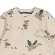 WIGGLE AND WADDLE — Organic Cotton Elastic French Terry Duck Printed Henley Sweat Top