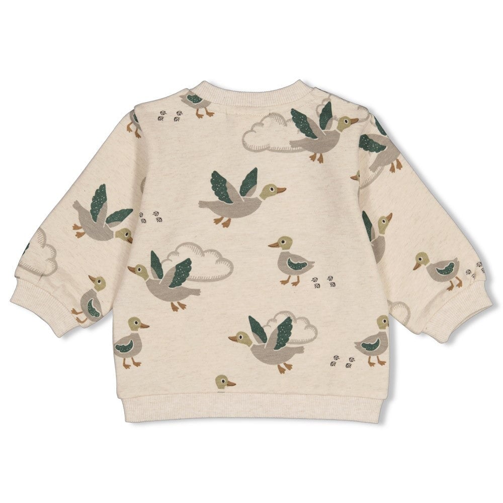 WIGGLE AND WADDLE — Organic Cotton Elastic French Terry Duck Printed Henley Sweat Top