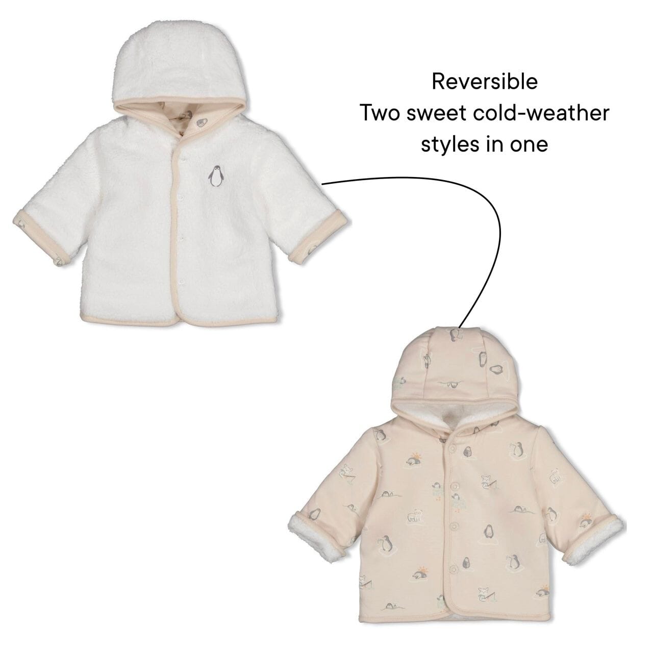 PENGUIN CUDDLES— Reversible Hooded Teddy & Organic Cotton Printed Jacket