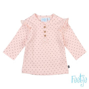 DOTS Allover Print Shoulder Ruffle Long Sleeve Top