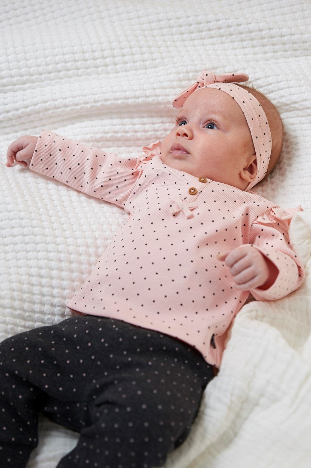 DOTS Allover Print Shoulder Ruffle Long Sleeve Top